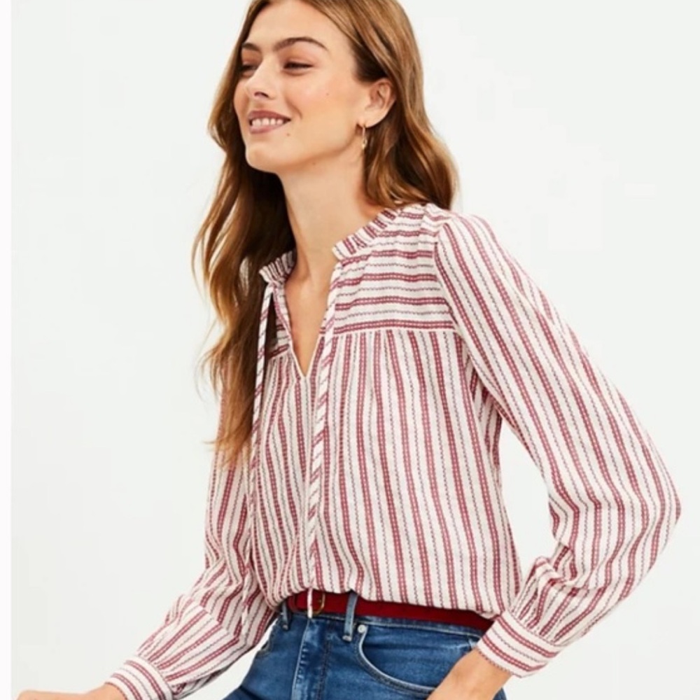 LOFT White and Red Striped Peasant Blouse